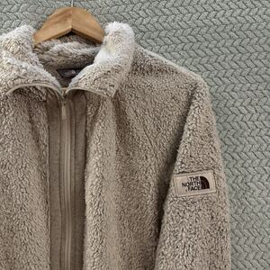 Womens The North Face Beige Solid Fleece Jacket Full Zip Collared Logo Pockets M